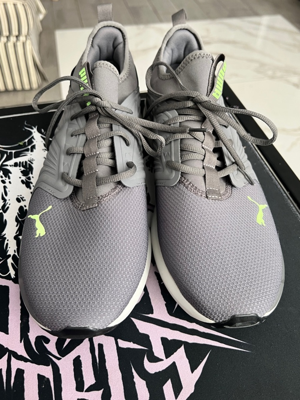 Puma Gray Sneakers with Neon Lime Logos